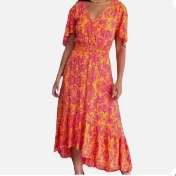 Anthropologie Paisley Print Hi Low Flutter Sleeve Midi Maxi Dress Size 10 Flowy - Picture 1 of 8